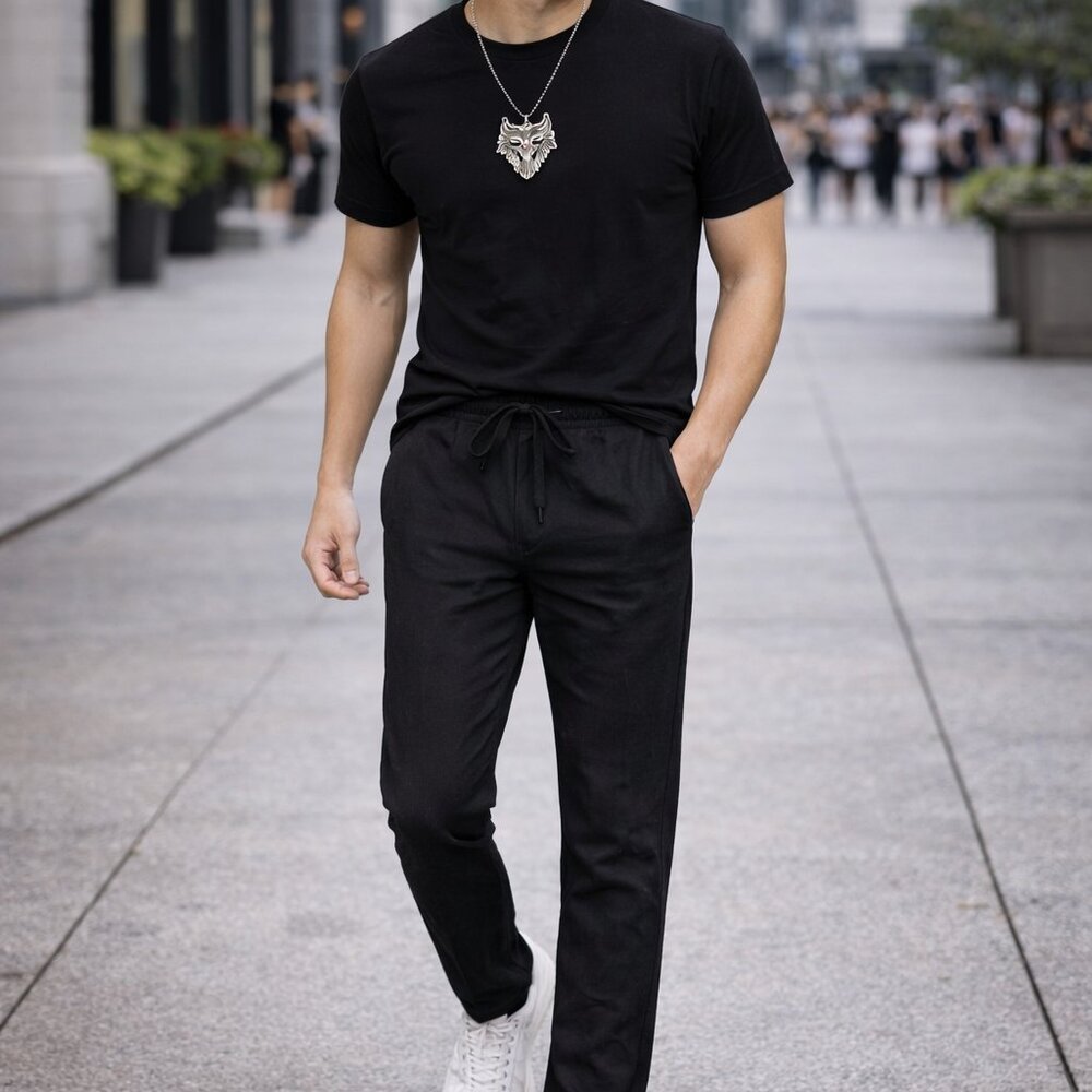 Light Summer Joggers for Men - Slim Fit - Pockets - Elastic & Draw Cord - Black